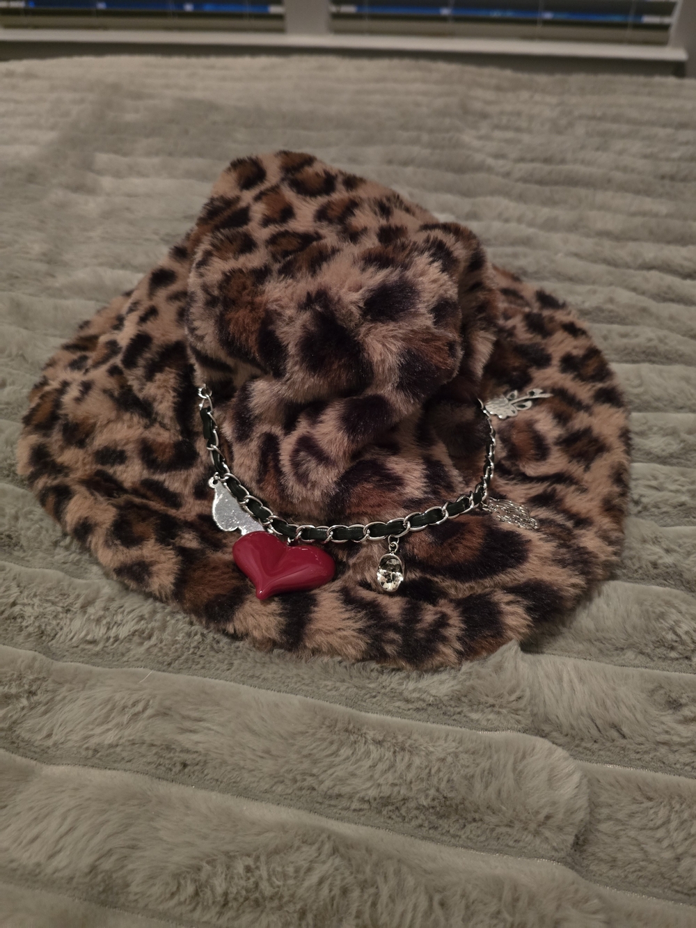 Ed Hardy Leopard Faux Fur Bucket Hat with Red Heart Charm